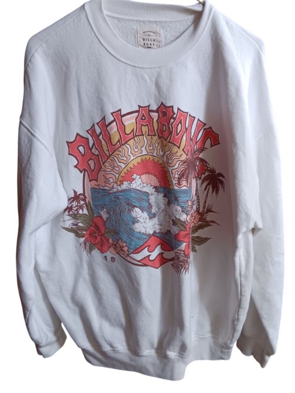 Billabong White Crewneck Sweater with Retro Surf Graphic - Multicolor Print